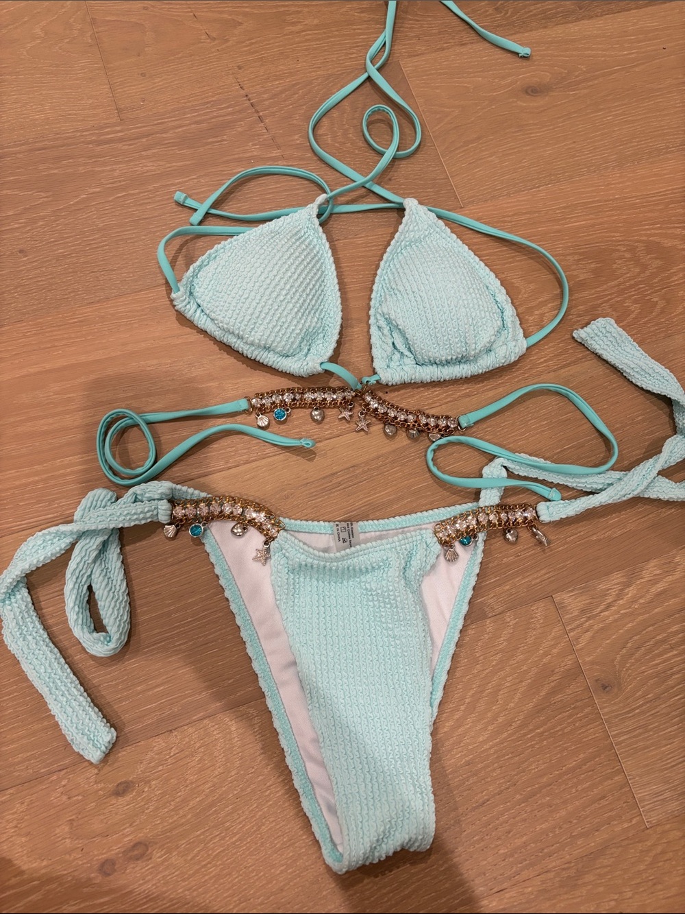 Women’s Textured Aqua Tie Bikini with Jewel Accents